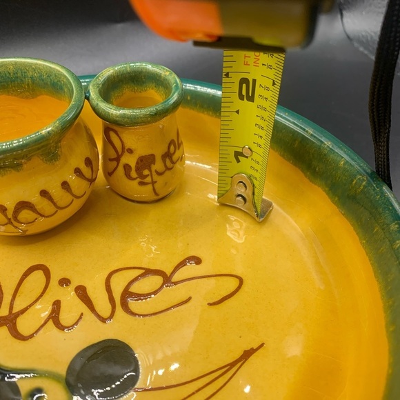 French Olive Dish W/Toothpick & Pit Bowls Gold & Green 7” Diameter - Picture 10 of 16